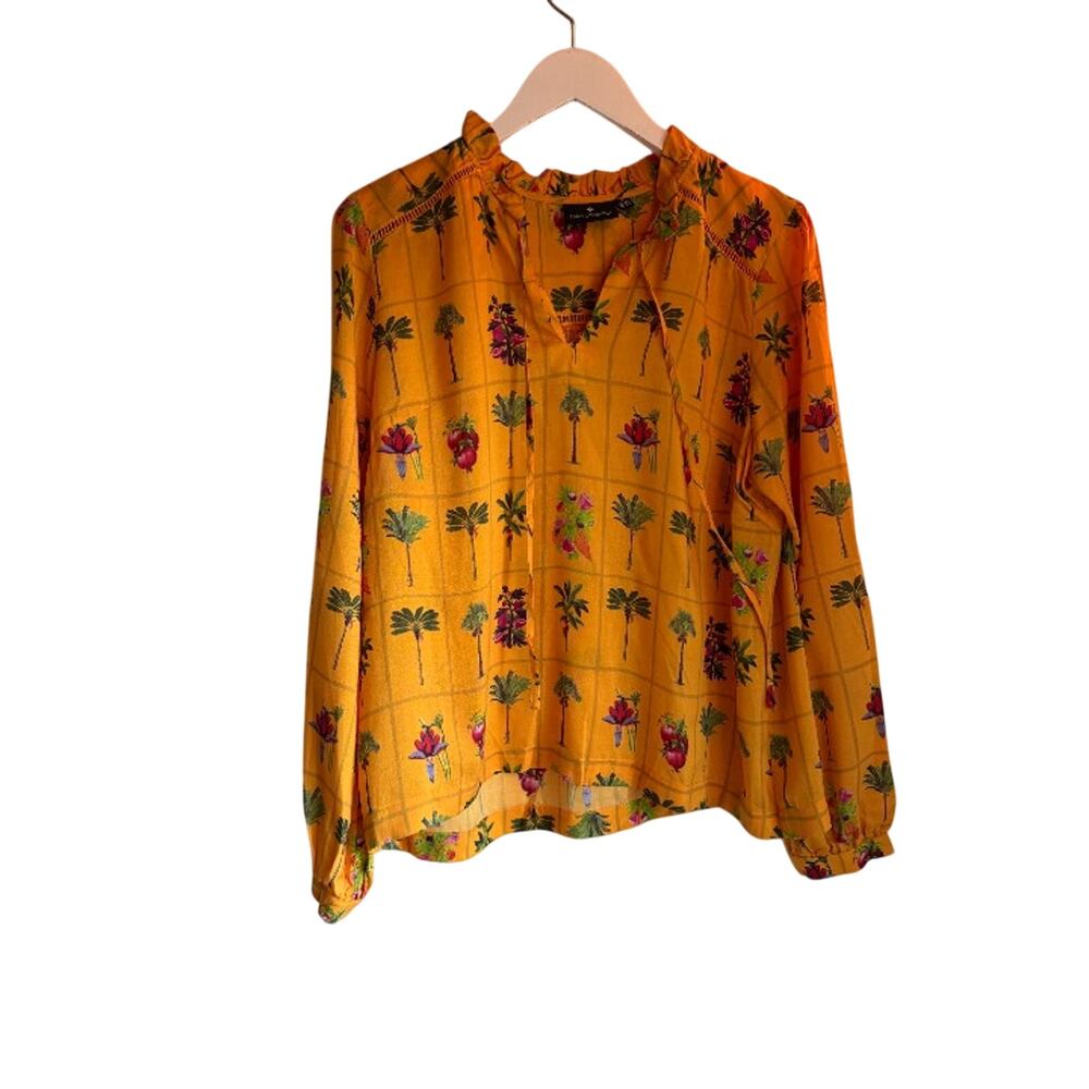 Emily Lovelock Tropical Palm Floral Ruffle Tie Neck Blouse Size Small